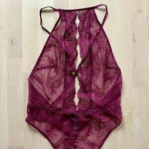 Victoria's Secret Women's Burgundy Lacey Sheer One Piece Lingerie Bodysuit sz SM
